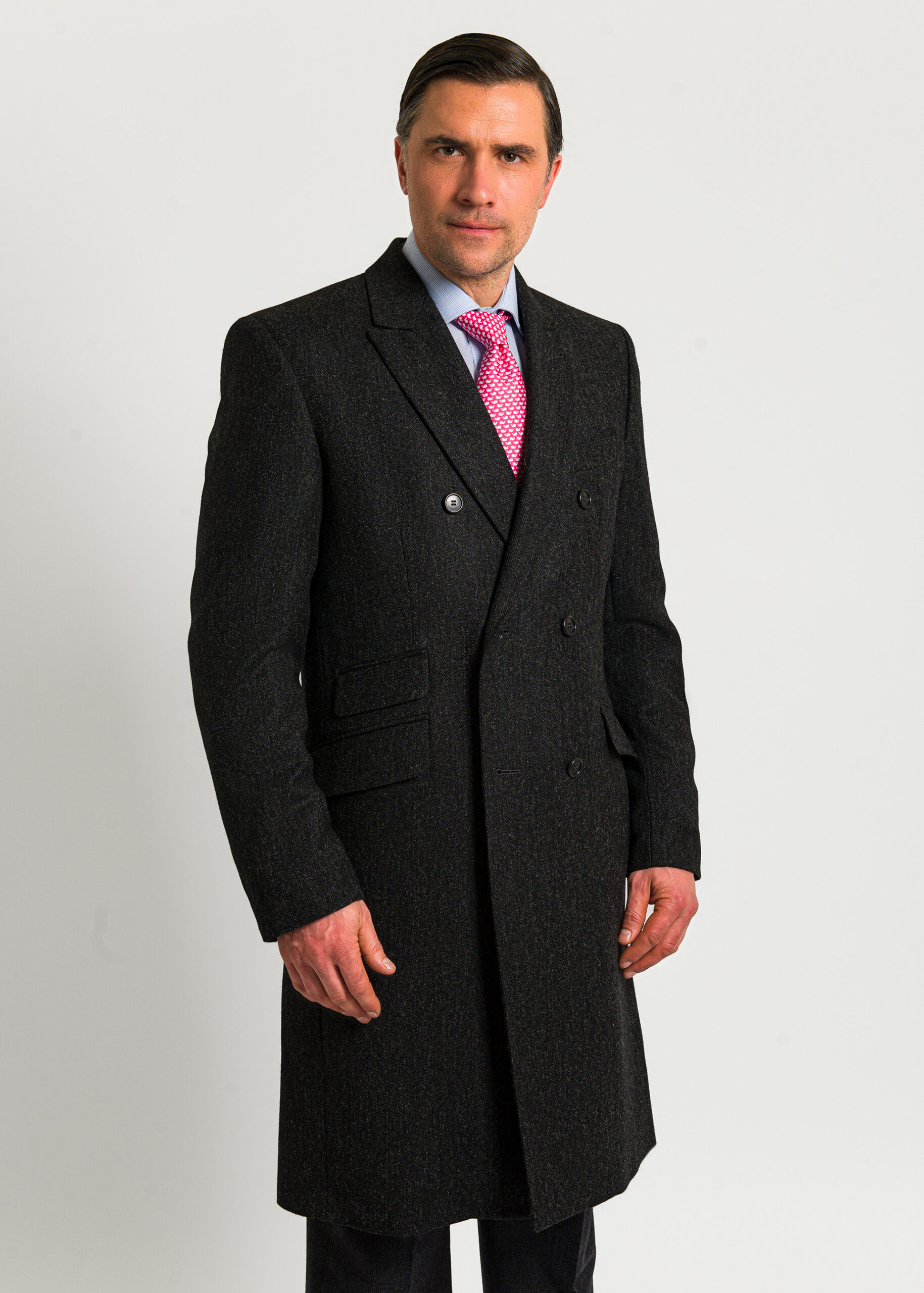 Double Breasted Dark Grey Herringbone Coat - Roderick Charles