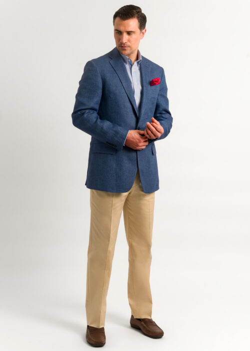 Men's Royal Blue herringbone tailored fit linen jacket.