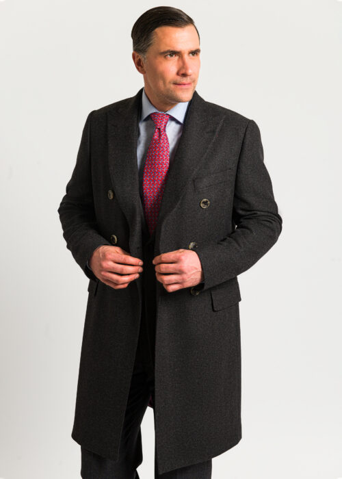 Perfect for layering over suits and business wear a grey double breasted wool overcoat.