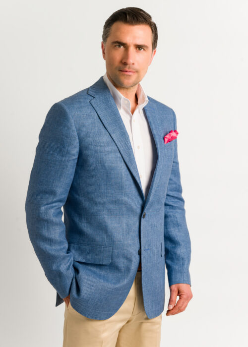 A men's linen blue glen check jacket, tailored fit.