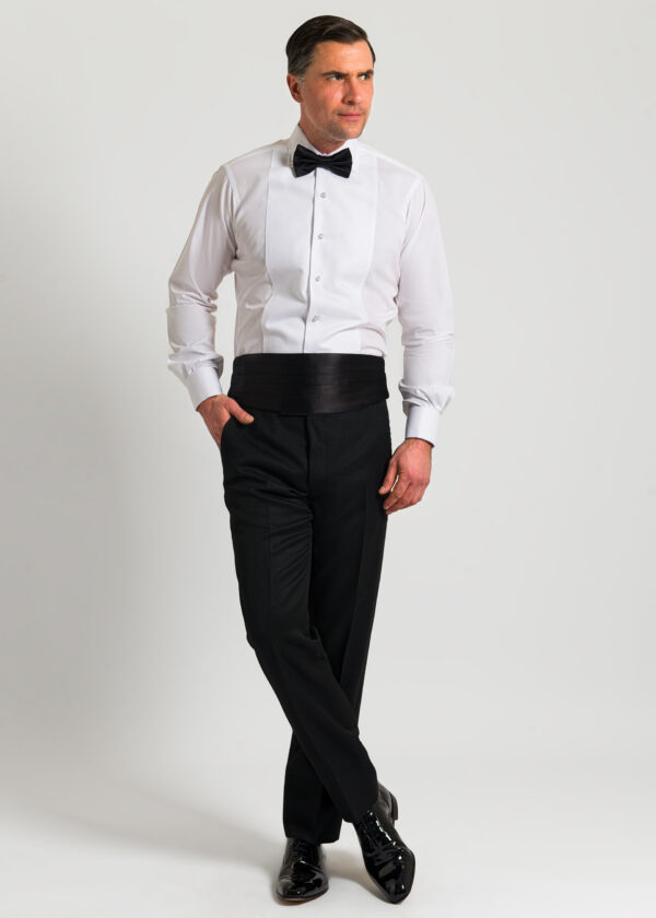 Black Tuxedo trousers styled here with cummerbund, dress shirt and black bow tie.