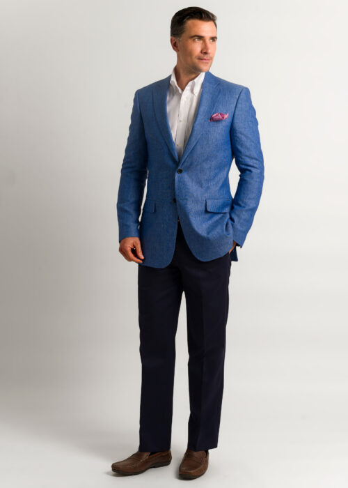 A men's plain blue linen tailored fit jacket.