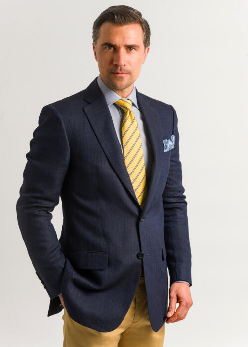 A men's navy linen summer tailored jacket ideal for weddings and events.
