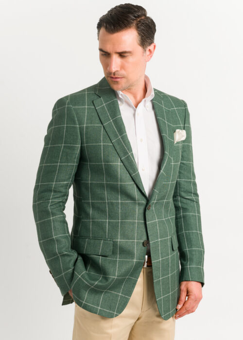 A tailored fit green men's linen jacket.