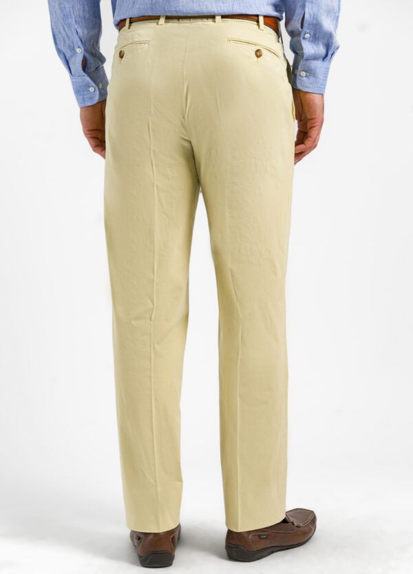 The back of men's putty coloured cotton chinos.