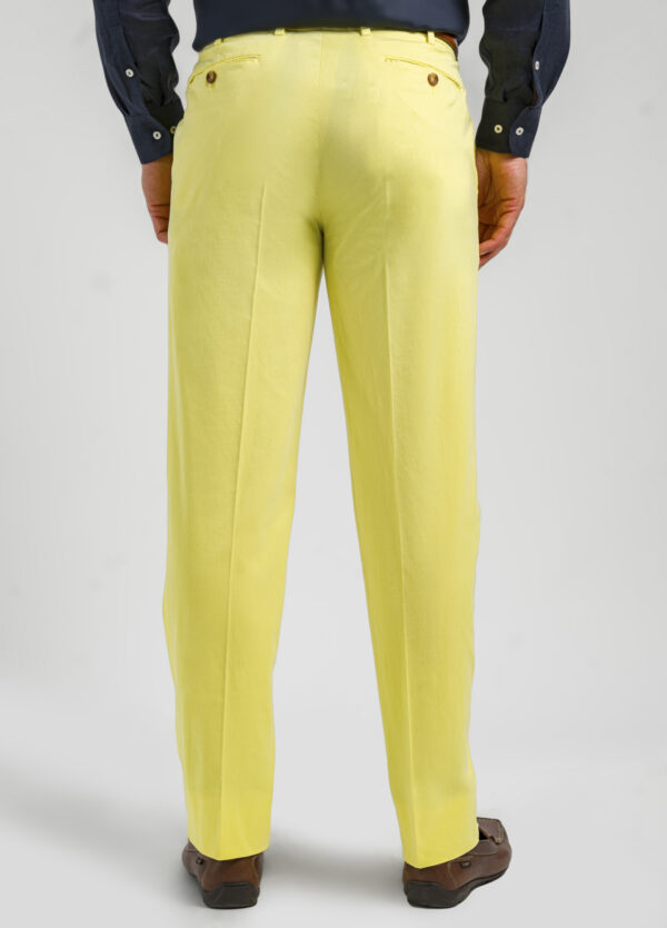 The back of men's yellow 100% cotton lightweight chinos.