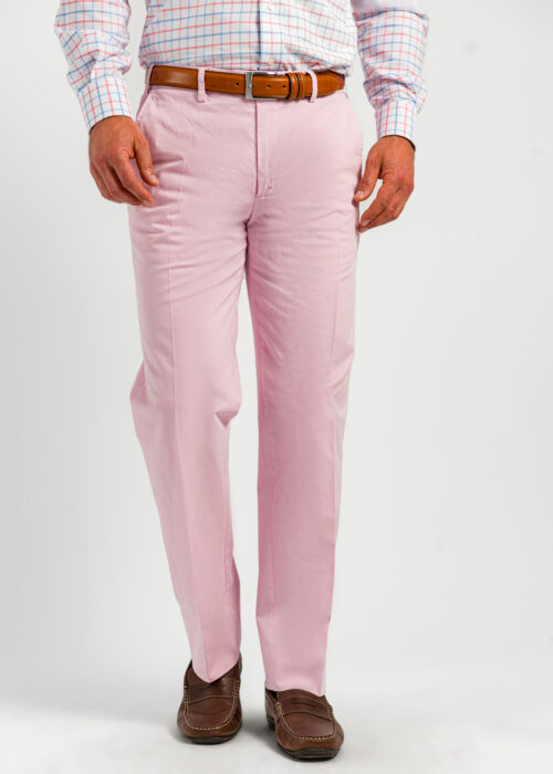 Front of men's pink 100% lightweight cotton chino trousers.