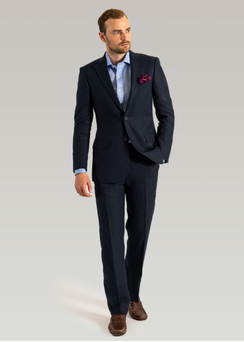 A men's linen navy suit in a modern tailored fit.