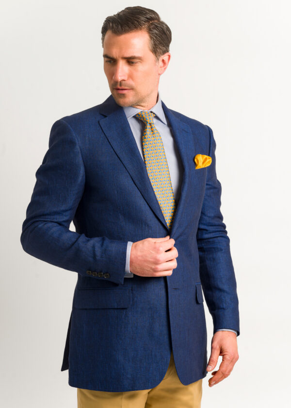 A tailored fit dark blue men's linen jacket perfect cool work jacket.