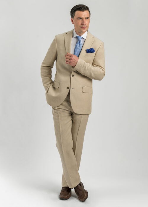 A men's natural stone linen suit by Roderick Charles London.