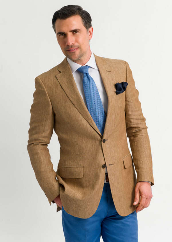 Single breasted men's tan linen jacket by Roderick Charles London