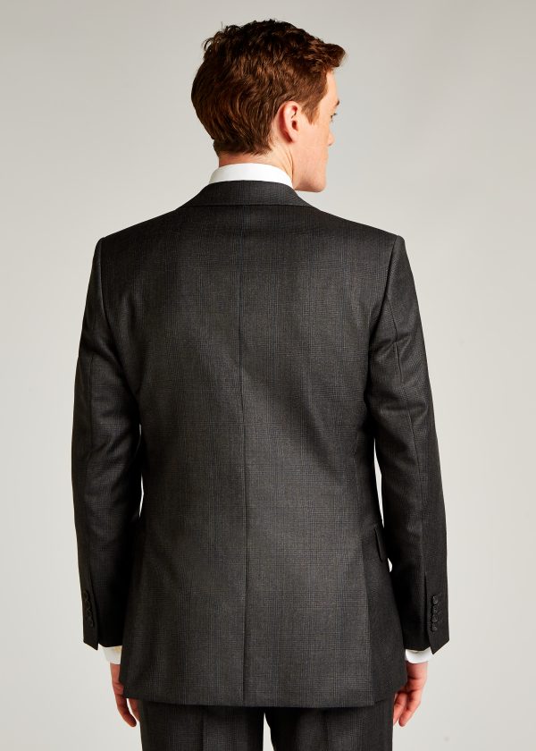 Roderick Charles Grey and Royal Blue glen check formal tailored fit suit, back of jacket.