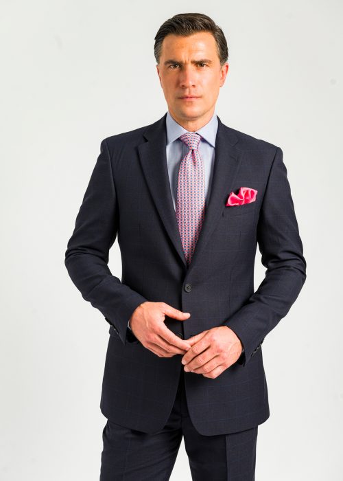 Roderick Charles navy blue windowpane suit with pink silk tie