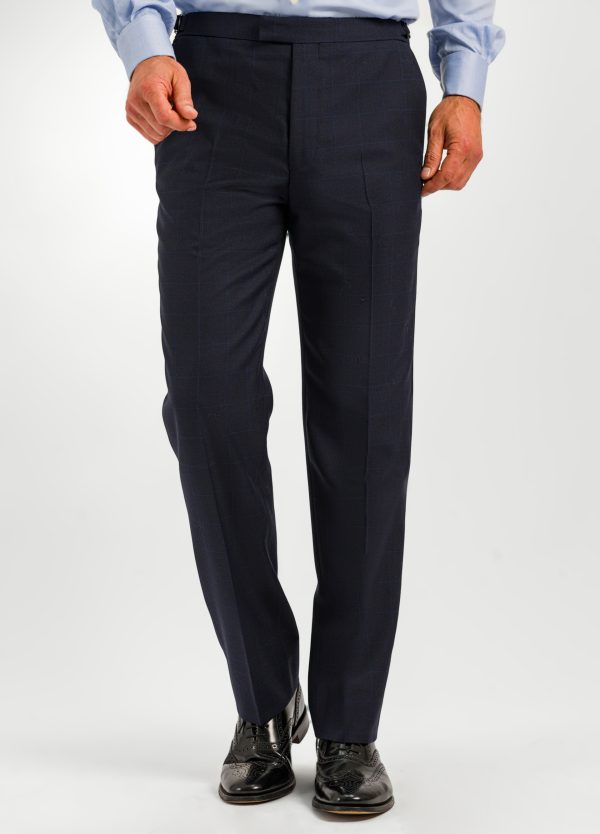 Roderick Charles navy blue windowpane suit trousers front with flat front