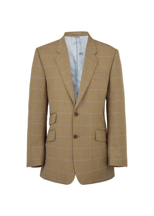 A Roderick Charles tailored fit tan jacket with a sky blue windowpane check