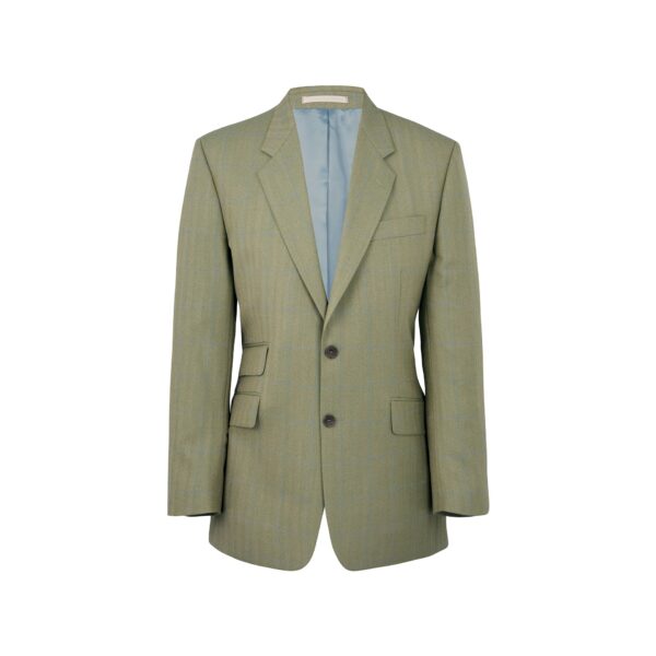 A green Roderick Charles tailored fit wool herringbone jacket with a blue windowpane check