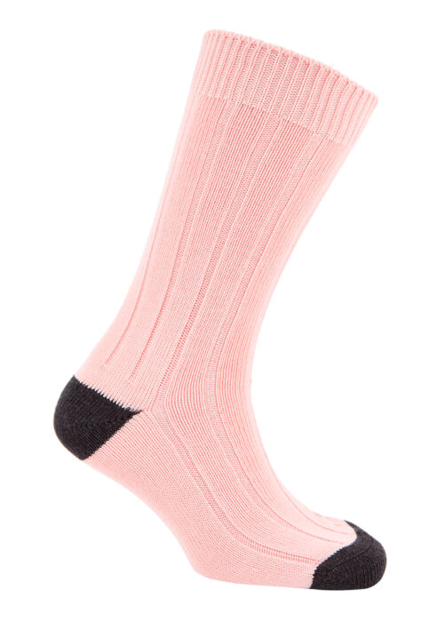 A heavy cotton pale pink sock with a dark grey heel and toe