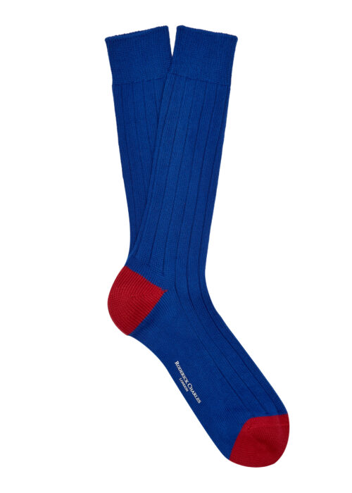 A Roderick Charles heavy cotton royal blue sock with a red heel and toe