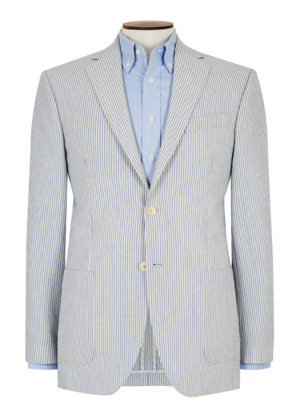 Tailored fit light blue striped seersucker jacket