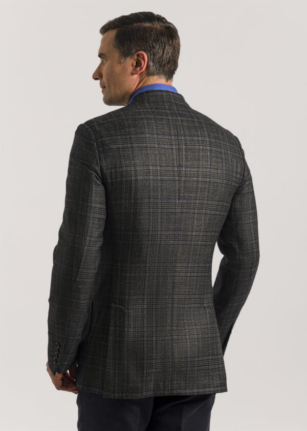 The back of a stylish Roderick Charles tailored fit double-breasted blue glen-check jacket