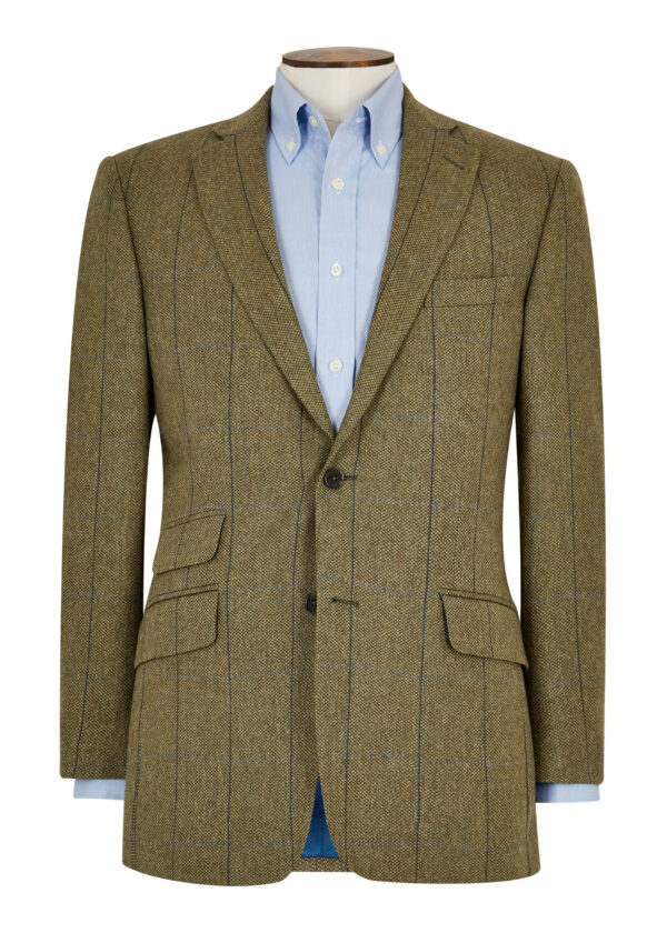 A Roderick Charles tailored fit green jacket with a blue windowpane check
