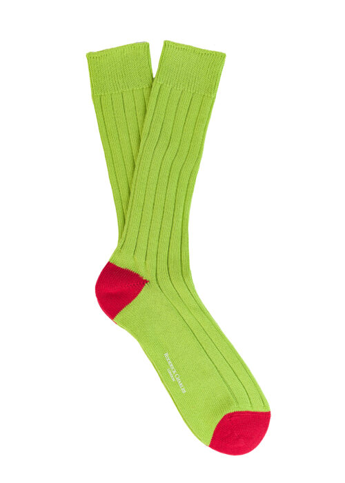 A Roderick Charles heavy cotton green sock with a red heel and toe