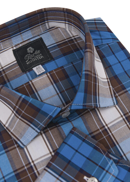 A single-cuff Bertie Wooster shirt with a stylish blend of natural and bright colours in a tartan-style check
