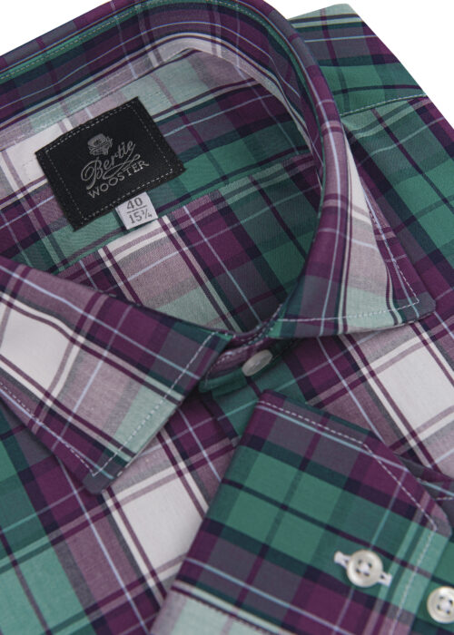 A Bertie Wooster striking green and purple tartan-style check single-cuff shirt
