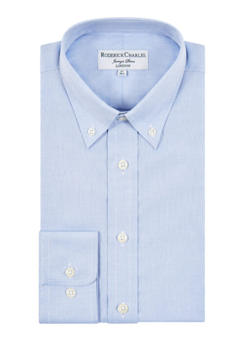 A classic Roderick Charles blue oxford cotton single-cuff shirt with a button down collar