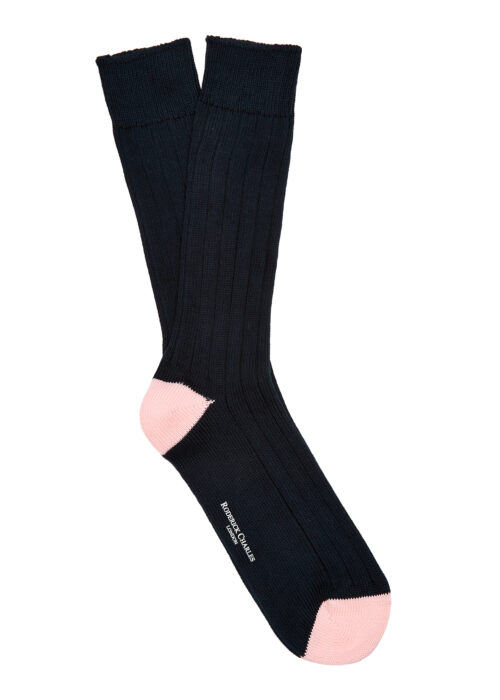 Perfect for winter, heavy cotton Roderick Charles socks in marine blue with rose accents