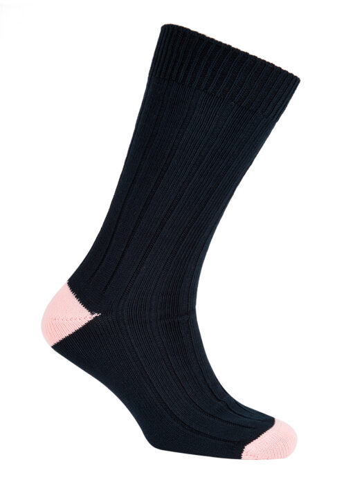 Perfect for winter, heavy cotton Roderick Charles socks in marine blue with rose pink accents