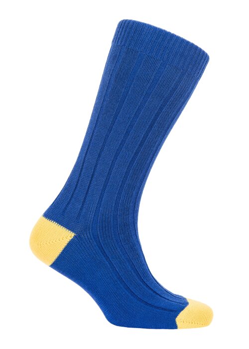 Perfect for winter, heavy cotton Roderick Charles socks in royal blue with yellow accents