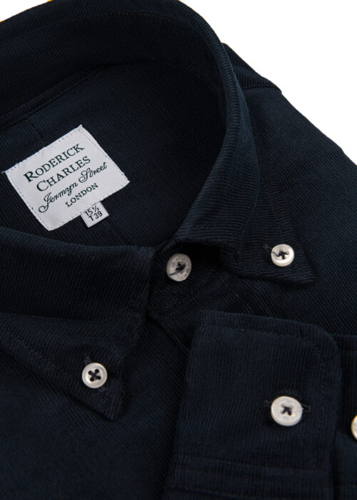 A stylish single-cuff Roderick Charles navy corduroy cotton shirt with a button down collar
