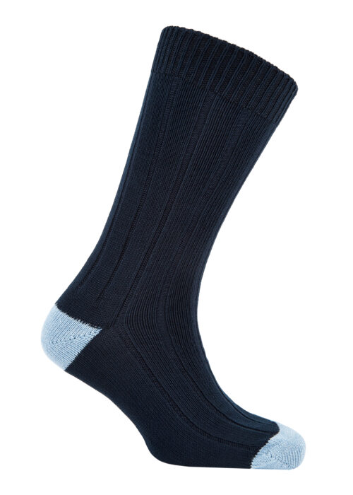 Perfect for winter, heavy cotton Roderick Charles socks in navy blue with sky blue accents