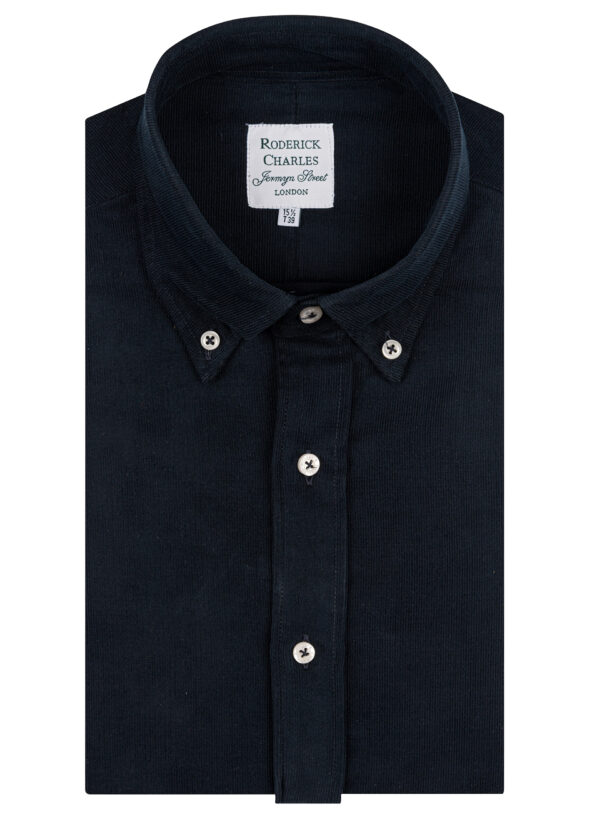 navy single-cuff button-down corduroy shirt A single-cuff Roderick Charles navy corduroy cotton shirt with a button down collar