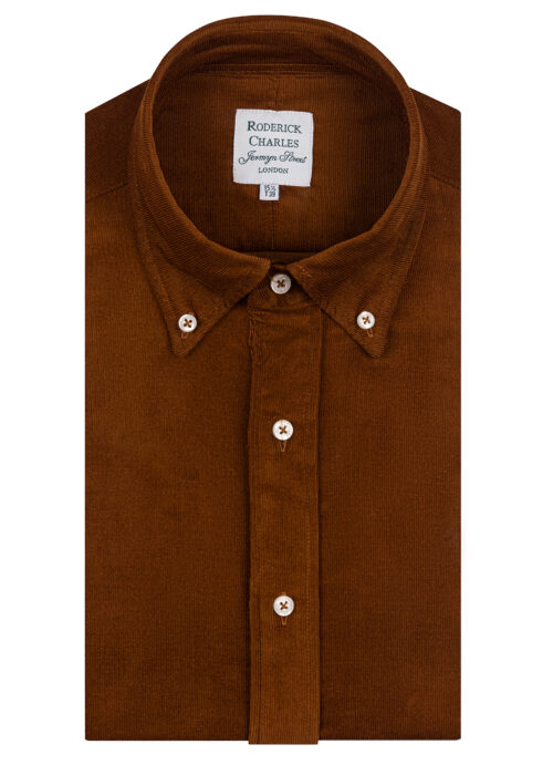 A single-cuff Roderick Charles dark tan corduroy cotton shirt with a button down collar
