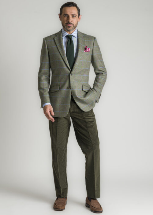 A Roderick Charles tweed jacket, featuring a sky and pink windowpane check on a herringbone weave, for that Spring vibe