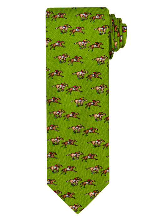 A Roderick Charles green silk tie depicting horse racing horses and jockeys