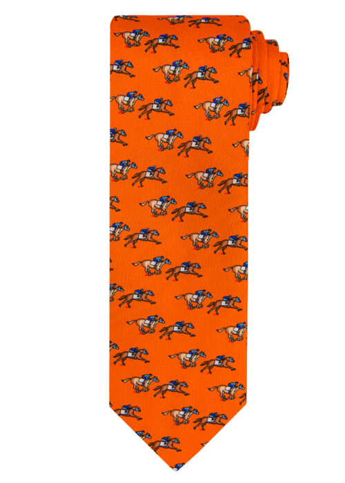 A Roderick Charles orange silk tie depicting horse racing horses and jockeys