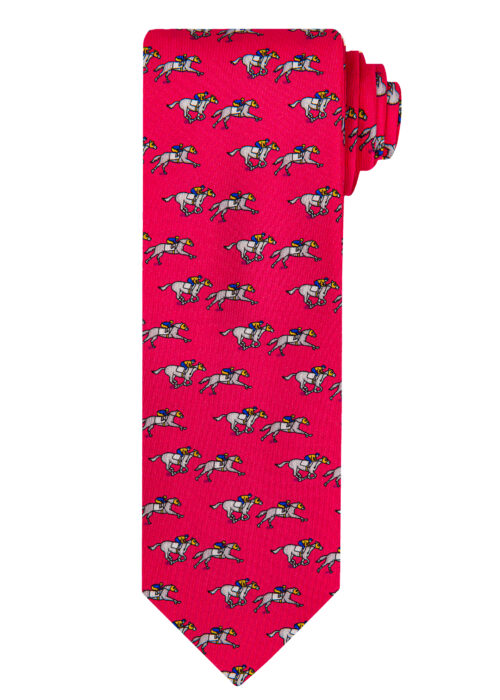 A Roderick Charles pink silk tie depicting horse racing horses and jockeys