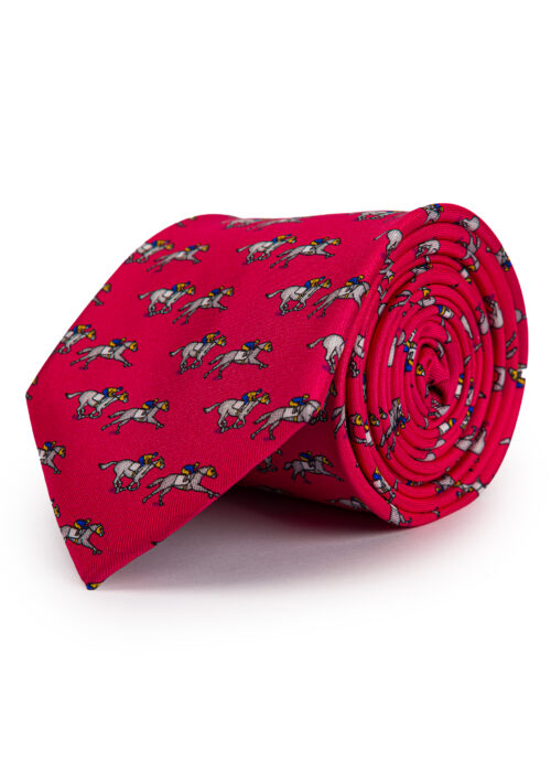 A rolled up Roderick Charles pink silk tie depicting horse racing horses and jockeys
