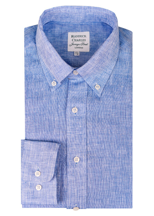 Single Cuff Button Down Mid Blue Linen Shirt