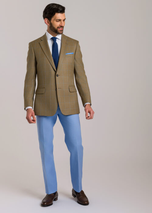 A Roderick Charles tan wool jacket with a dual-tone blue windowpane check