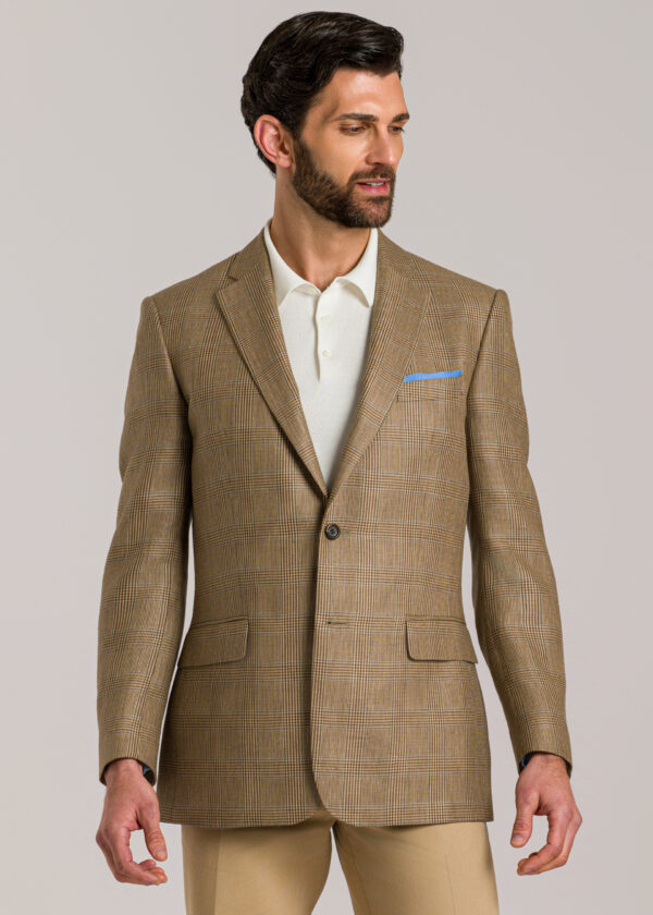A tailored Roderick Charles brown glen check jacket with a green and blue windowpane overlay