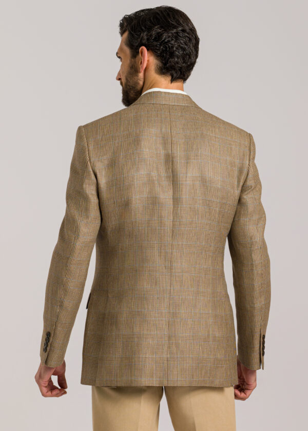 The back of a Roderick Charles brown glen check jacket with a green and blue windowpane check