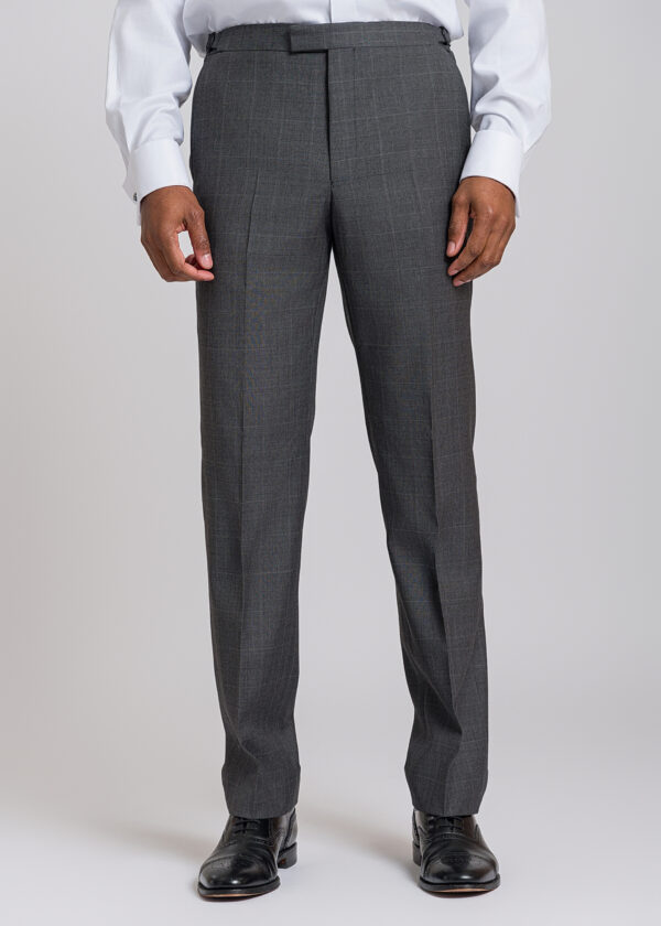 Flat-fronted grey checked tailored suit trousers