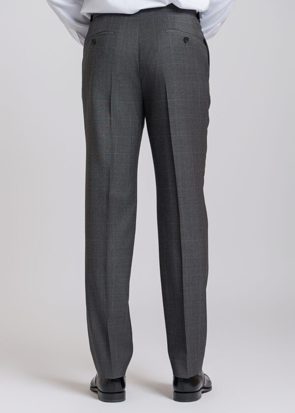 The back of a pair of flat-fronted grey checked tailored suit trousers