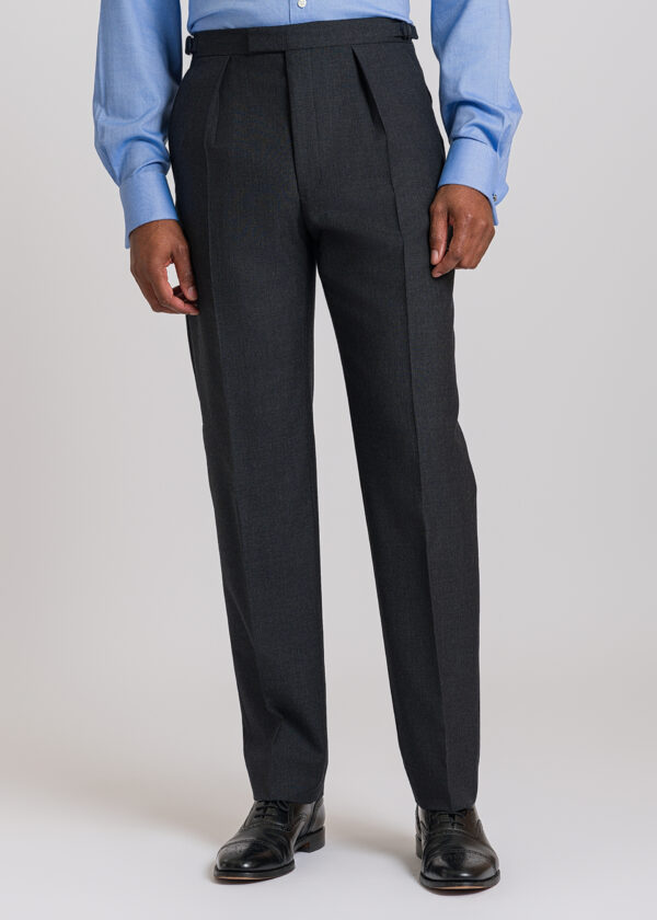 Plain grey lightweight pleated front suit trousers