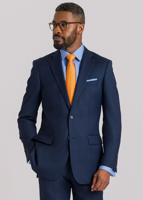 A tailored fit navy checked suit
