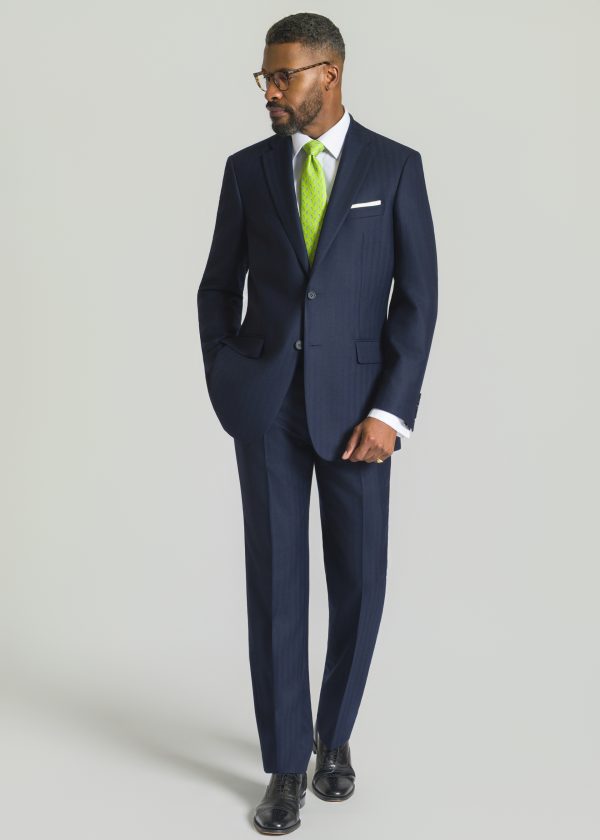 WOODBLOCK HERRINGBONE NAVY セットアップ　XXL Tailored Fit Navy Herringbone Suit - New Arrival - Roderick Charles